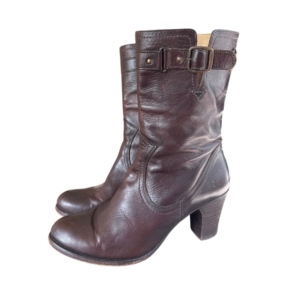 FRYE Brown Leather Heeled Boots Mid Calf Size 8.5 Vintage